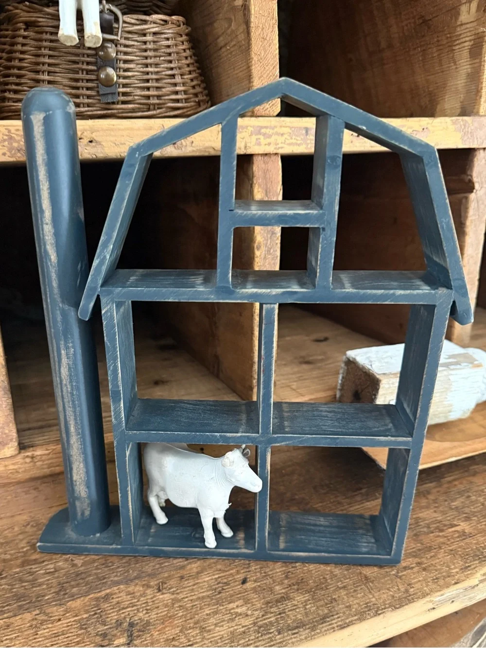 Rustic Small Farmhouse House Shelf Décor in Distressed Blue